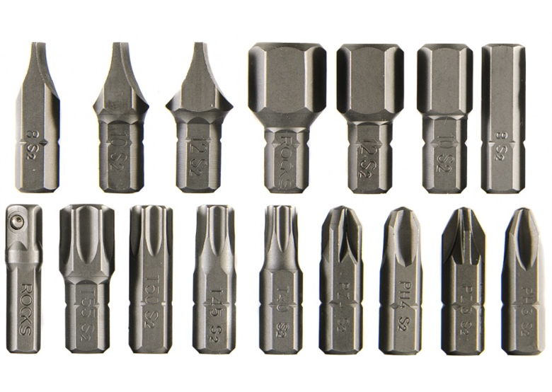 Embouts 8mm: Hex, PH, SL, PZ, Torx avec adaptateur 1/4" (16 pièces) Rooks 01.4801