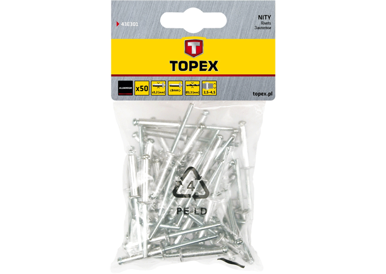 Rivets en aluminium 4.0 mm x 18 mm, 50 pièces Topex 43E405
