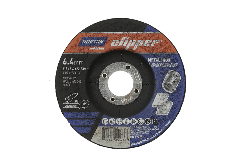 Disque de meulage métal/inox 115 x 6,4 mm Norton A30P-115x6.4x22.23-T27 NOR-Clipper