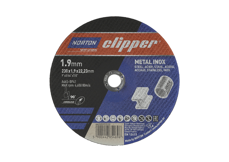 Disque de coupe métal/inox 230x1,9mm Norton A46S-230x1.9x22.23-T41 NOR-Clipper