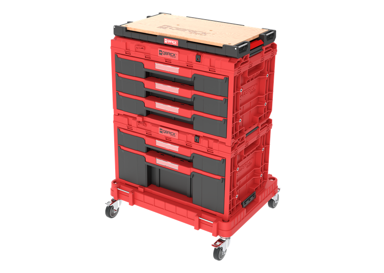 Ensemble de caisses à outils avec tiroirs sur plateforme de transport Qbrick System ONE 2.0 WORKSHOP DRAWERS SET nr 5 RED Ultra HD Custom